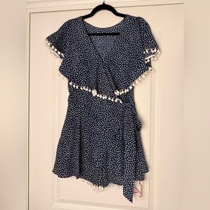 Navy and White Shorts Romper with Pom Pom Trim Size Large